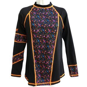 Xcaret Mexico Rashguard  Black Orange Floral Panel Sun Protection Water Park L